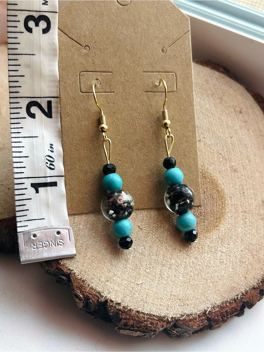 Handmade Turquoise Beaded Dangle Earrings | Southwestern Boho | Gold Black - Picture 4 of 4